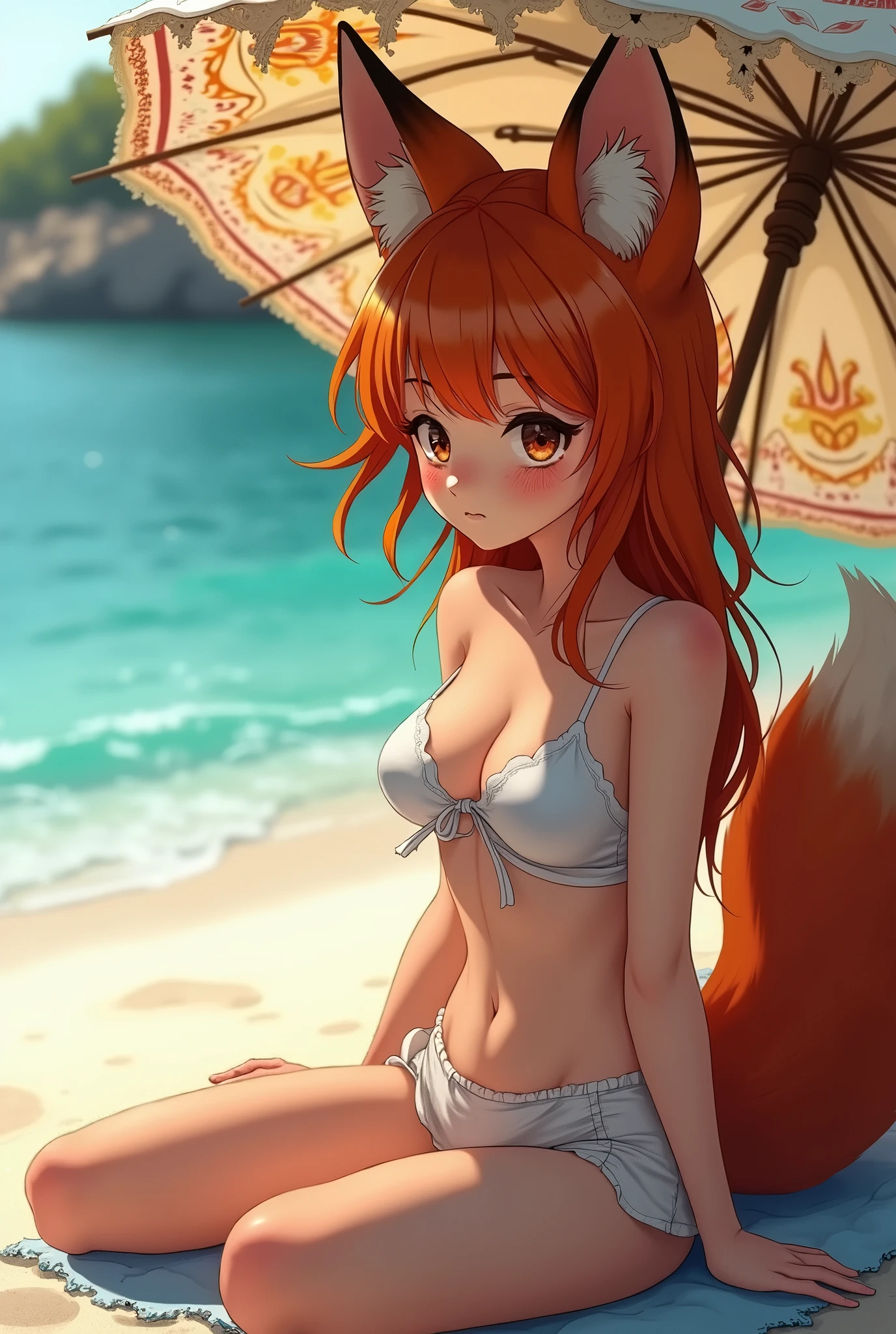 1girl with long red hair, amber eyes, fox ears, slender body, ,fox tail, nude, smiling, in water, lake