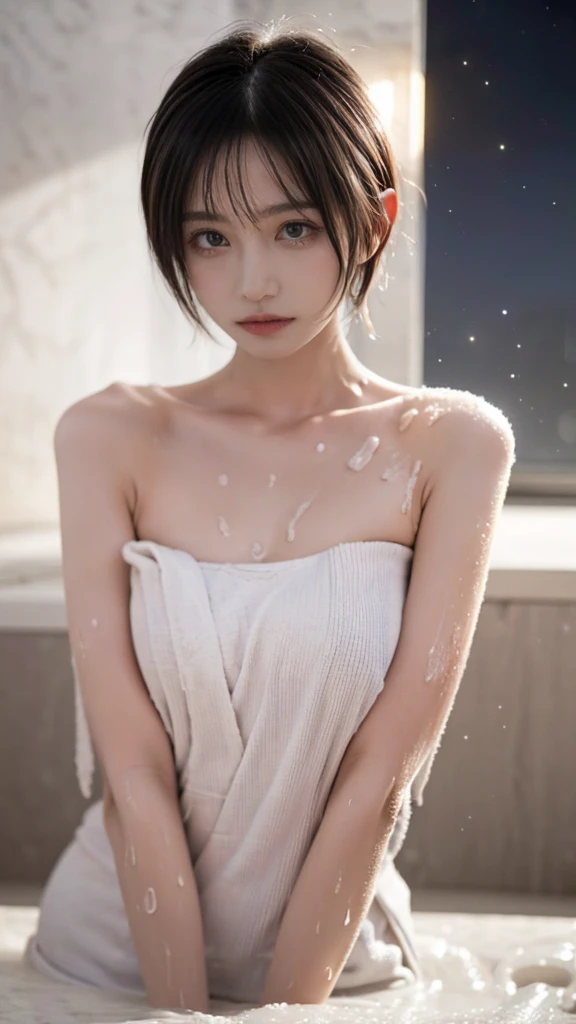 In 8K、Highest quality、masterpiece、Very detailed、Ultra-high resolution、

Bathroom、girl、Wrap a large towel around your body、Expose your shoulders、Wet your hair、sweat,steam, Wet Skin、Water droplets fall、(Jirai Type Makeup:1.3、jirai girl:1.3、Red eyeliner), (NUDE、A body wrapped in a towel, Bathing scene:1.5), surprised, (vapor,Sweat), Cream yellow hair、pixie short hair、Cute girl、(Super big breasts:1.3)、take a bath、暗いBathroom:1.2、Soaking in the bathtub、Take a bath、girl in the bath、(Cinema Lighting、Rainbow light reflected in a dimly lit room:1.3)、

Safety Sensor、((night:1.8, Desaturated lighting:1.7, Turn off the lights:1.5)),

((Sweat,vapor,Vulgarity)),(Please open your mouth wide、Sticking out tongue、Ahegao),
