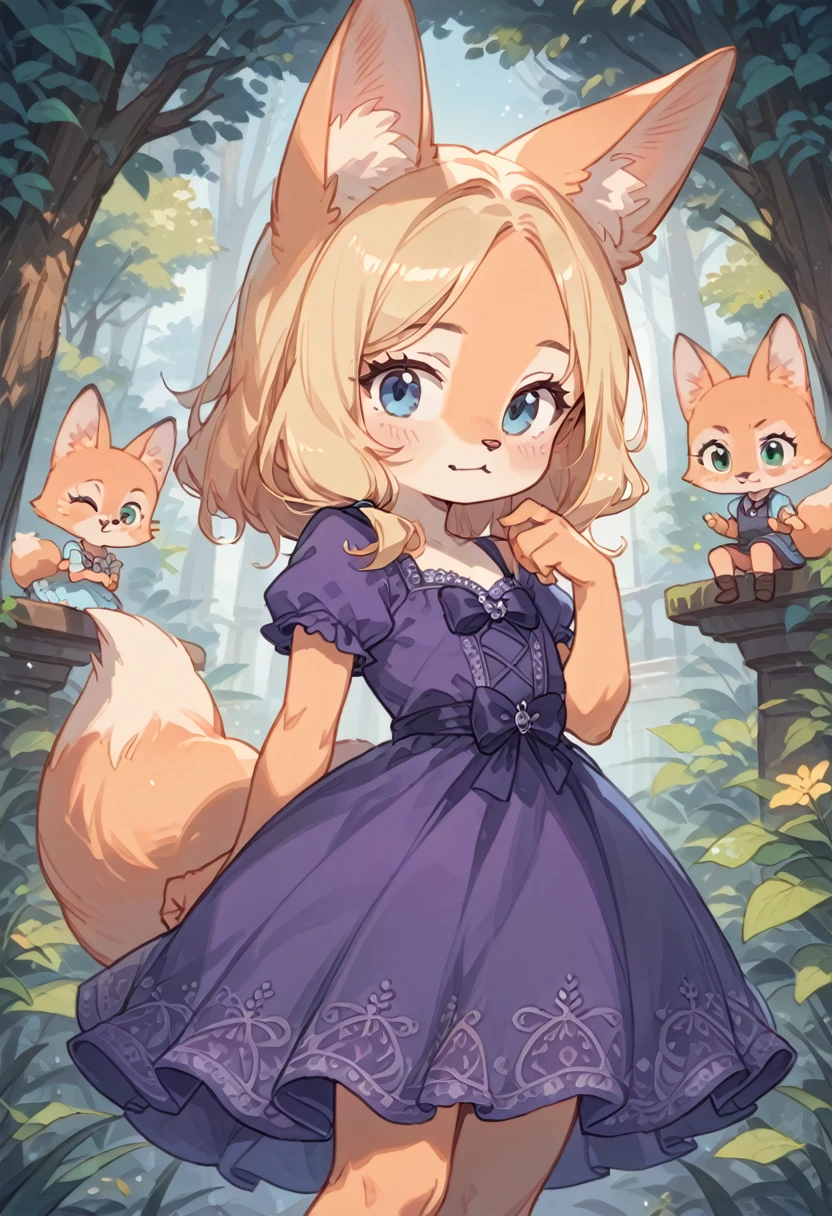 score_9, score_8_up, score_7_up, score_6_up, score_5_up, score_4_up, 1girl, kid, kid fox, chibi, face similar to Diane Foxington, blonde hair, anthro, furry, female, fox tail, blue eyes, purple dress, beautiful princess dress, alone