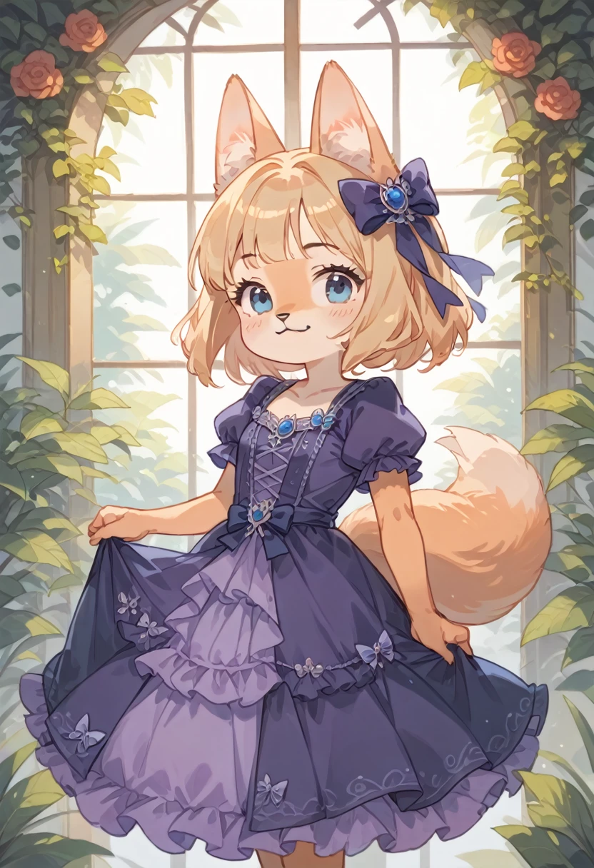 score_9, score_8_up, score_7_up, score_6_up, score_5_up, score_4_up, 1girl, kid, kid fox, chibi, face similar to Diane Foxington, blonde hair, anthro, furry, female, fox tail, blue eyes, purple dress, beautiful princess dress, alone