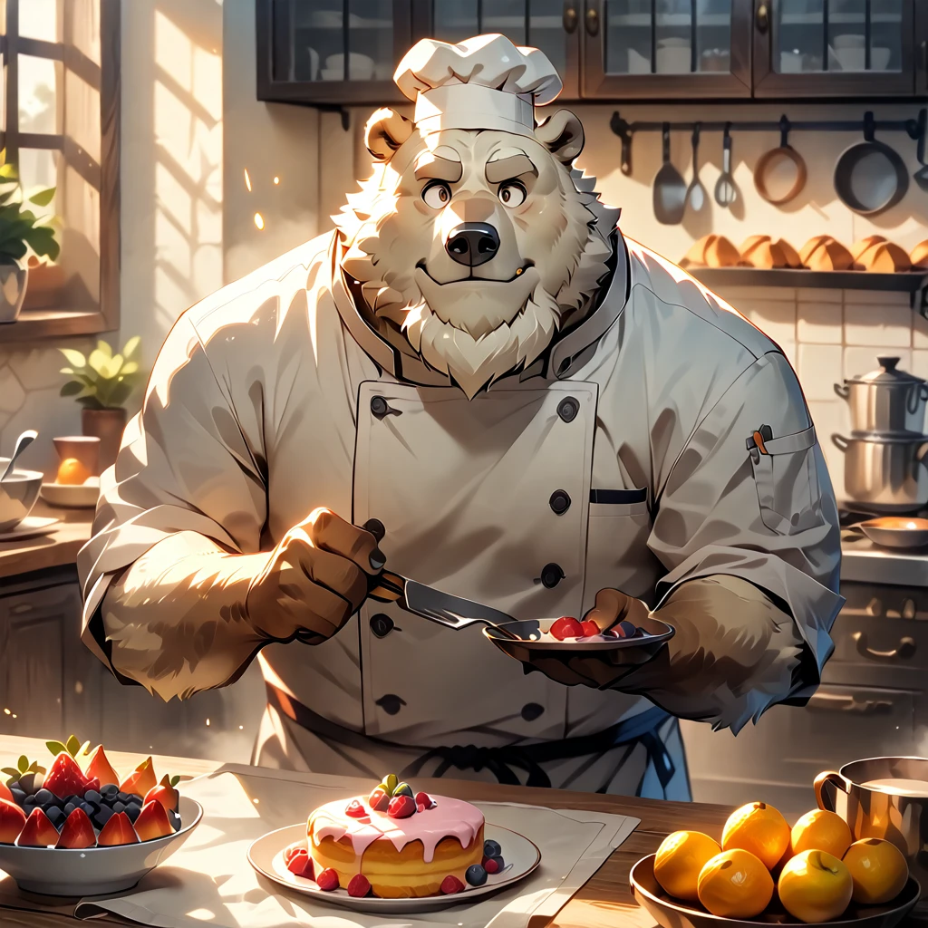 masterpiece, best quality, very aesthetic, absurdres, BREAK [face:full body:0.25], looking away, from above, Pastry chef, plump middle-aged french polar bear man, fluffy body, brown eyes, beautiful beard, male face, big face, square jawline, male eyes, sharp eyes, big eyes, male eyebrows, innocent look, BREAK happy,little smile, chef's hat, cook a cake, assorted fruits, dynamic pose, BREAK [simple background::0.25], morning, Patisserie, kitchen, indoor, france,  