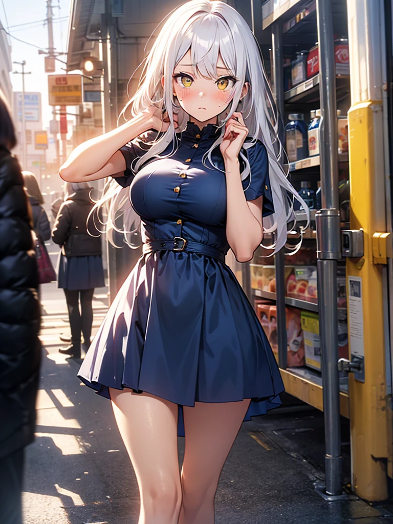 8K, Girl, solo, Full Body, Long hair, white hair, Yellow eyes, Sad mouth, blush, nervous, detailed face, Breasts, big Breasts, large Breasts, big Butt, Short dress, Tiny dress, Dark BLUE dress, tight dress, in a public walmart