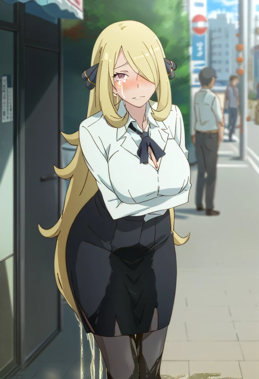 (high quality,Very detailed:1.37, High resolution), 2d, anime, anime style, anime source, Woman, Cynthia (\Pokemon)\, business suit, necktie, long pencil skirt, pantyhose, huge breasts, cleavage, looking at viewer, masterpiece, best quality, (wetting self:1.5), desperation, embarrassed, humiliation, blushing, tears, standing, (arms crossed:1.5), city