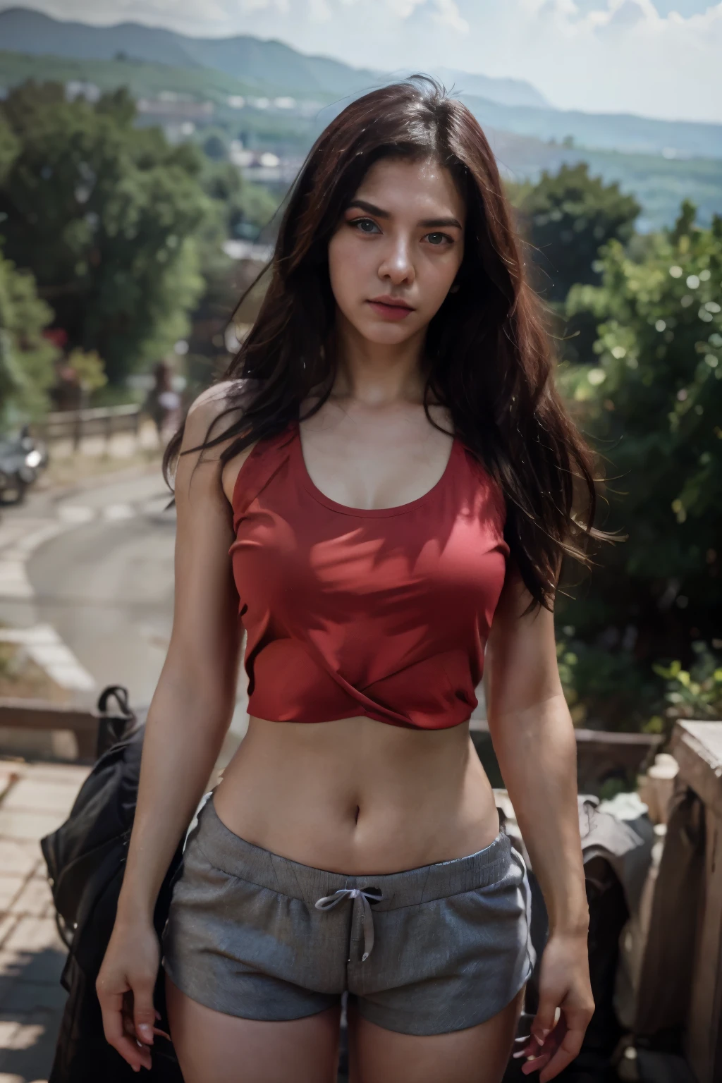 kaisa league of legends, fully body, perfectbody, with a short tank top, sports shorts, Super long hair, face detailed, on a mountain, high resolution, super detaill, 8k, Overview
