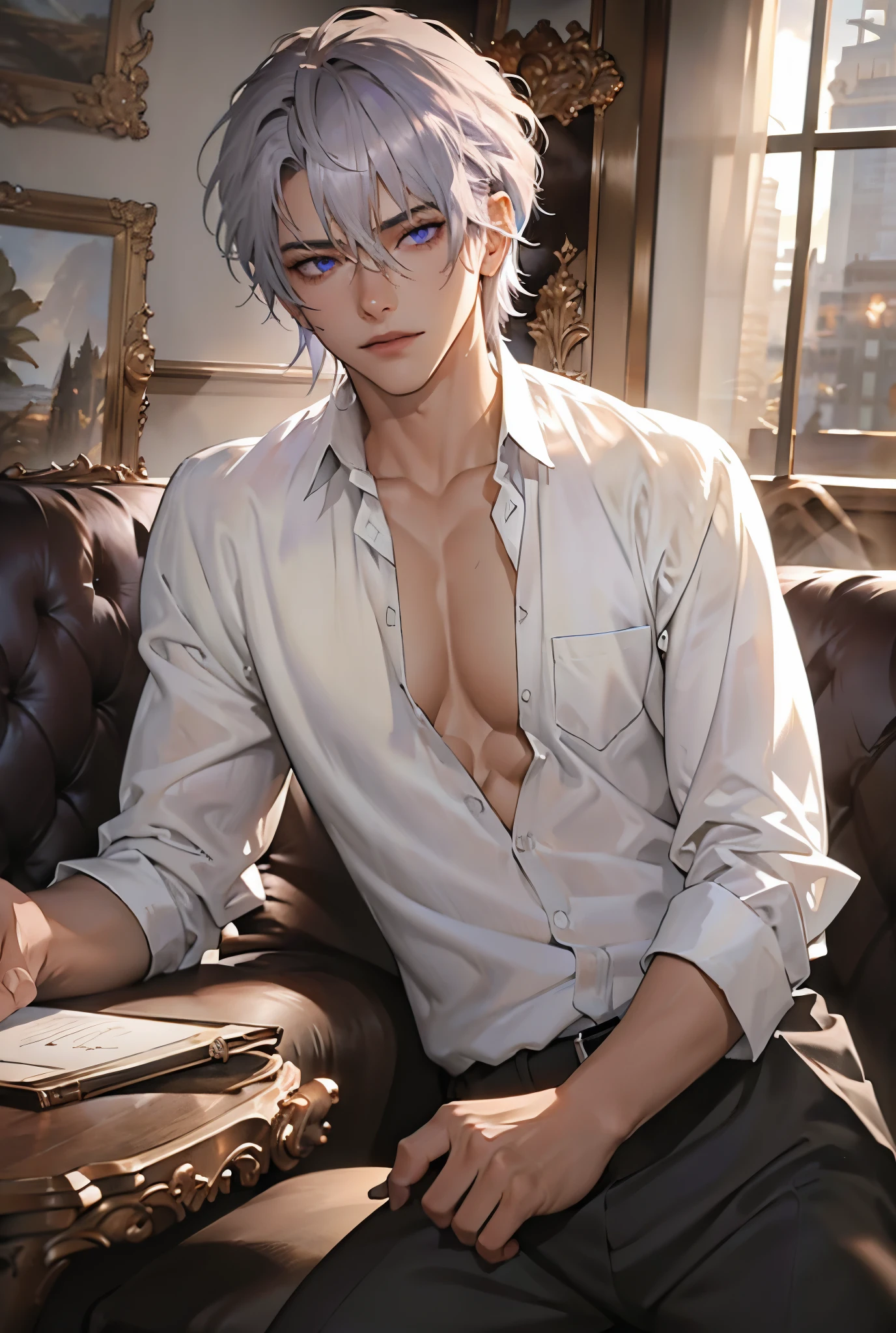 1boy, solo detailed silver hair, cinematic lighting, high-resolution, lean build, detailed violet beautiful eyes, silver hair, sexy open shirt, thoughtful, high resolution