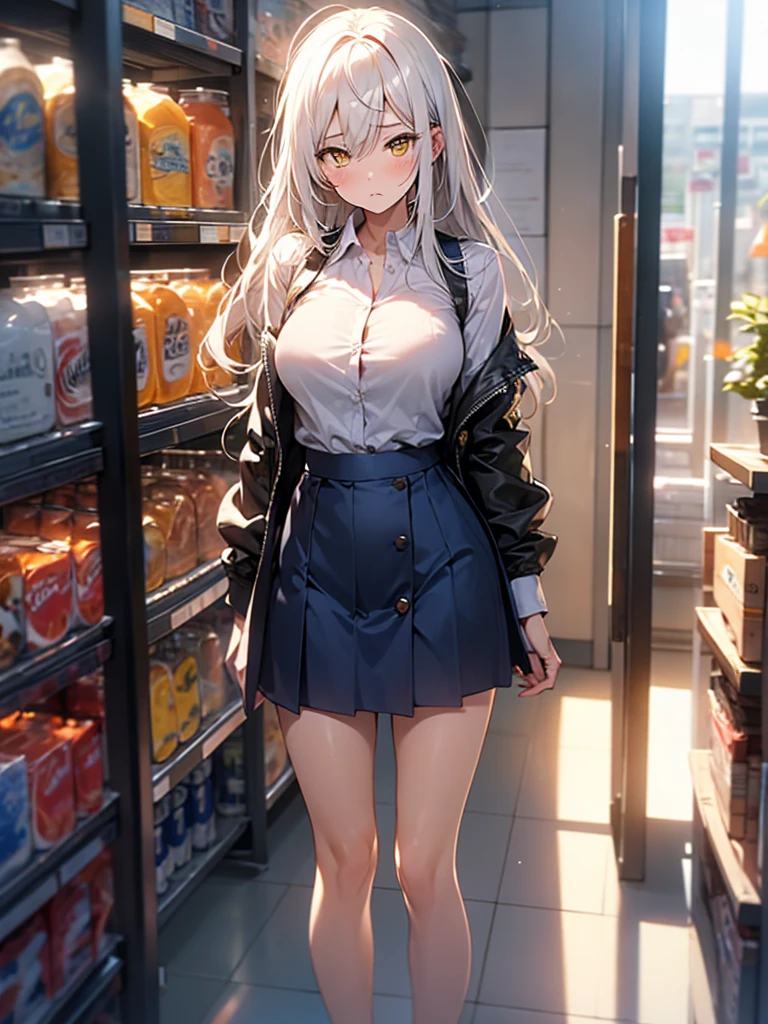 Girl, solo, Full Body, Long hair, white hair, Yellow eyes, sad face, eyes almost closed, Breasts, big Breasts, Large breasts, big Butt, white Button shirt, Button shirt popped out, Two Buttons popped out, Tight shirt, Short Skirt, Tiny Skirt, Dark BLUE skirt, tight Skirt, exposing your hands on your chest, in a public walmart