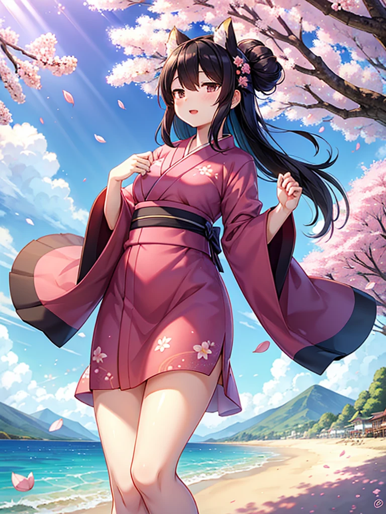 1girl,black hair, floating hair, seaside,scenery,landscape,cherry blossoms, falling petals, sunbeam,god rays,upper body,  RENGE,DRESS,KIMONO