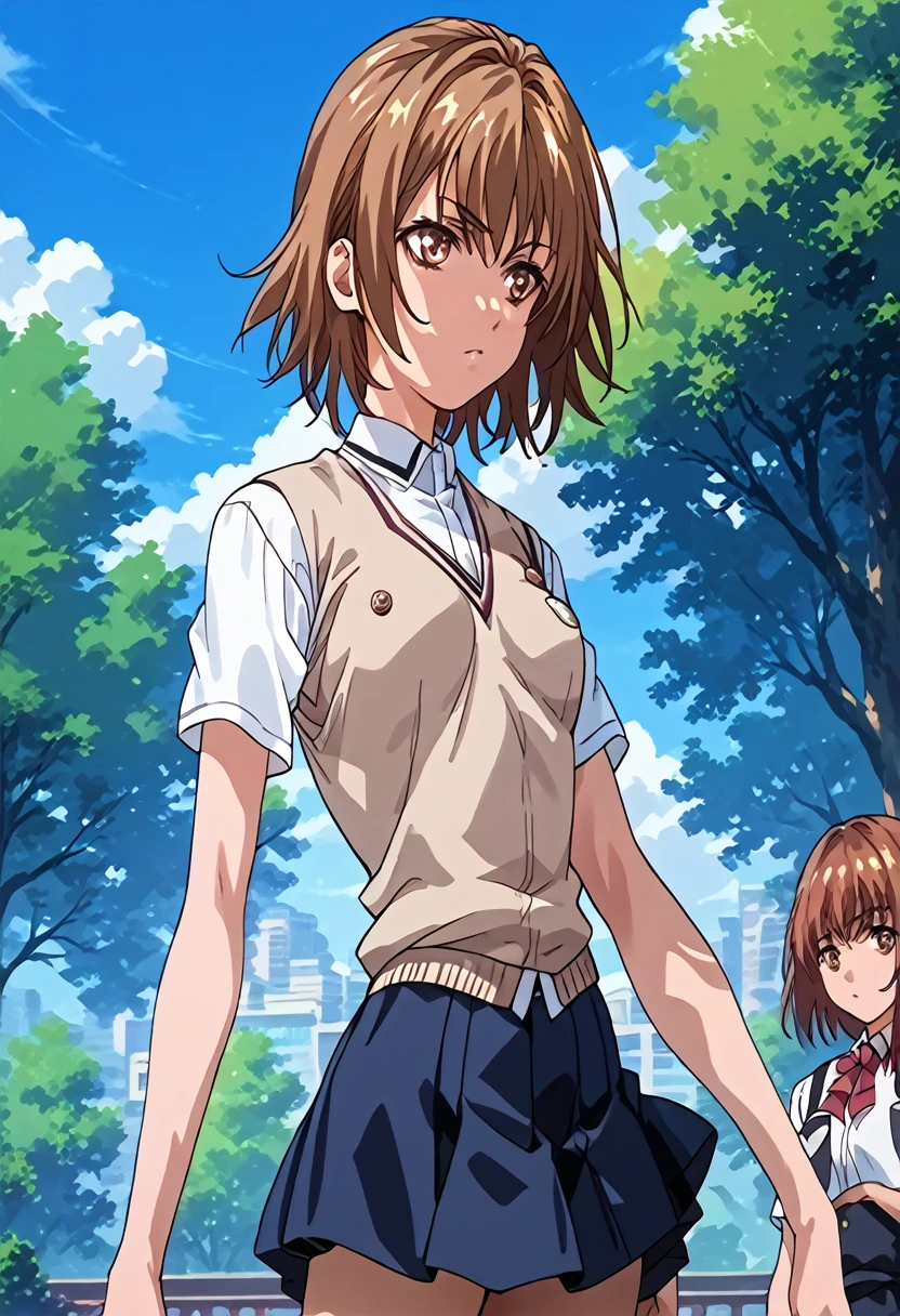 masterpiece,High resolution,Highest quality,8k
(mikoto misaka)(Women,Brown Hair,Short Hair,Small breasts,Slim figure)
(school uniform,Sweater vest,White Shirt,Short sleeve,mini skirt)