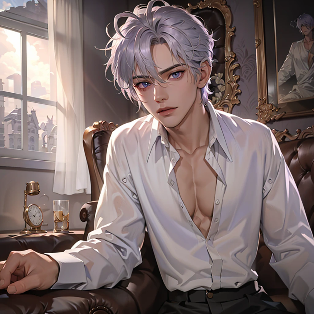 1boy, solo, detailed silver hair, cinematic lighting, high-resolution, lean build, detailed violet beautiful eyes, silver hair, sexy open shirt, thoughtful, high resolution