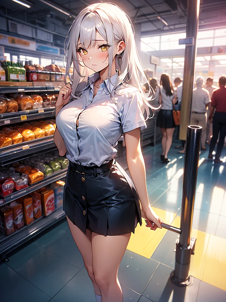 Girl, solo, Full Body, Long hair, white hair, Yellow eyes, sad face, eyes almost closed, Breasts, big Breasts, Large breasts, big Butt, white Button shirt, Button shirt popped out, Two Buttons popped out, Tight shirt, Short Skirt, Tiny Skirt, Dark BLUE skirt, tight Skirt, exposing your hands on your chest, in a public walmart