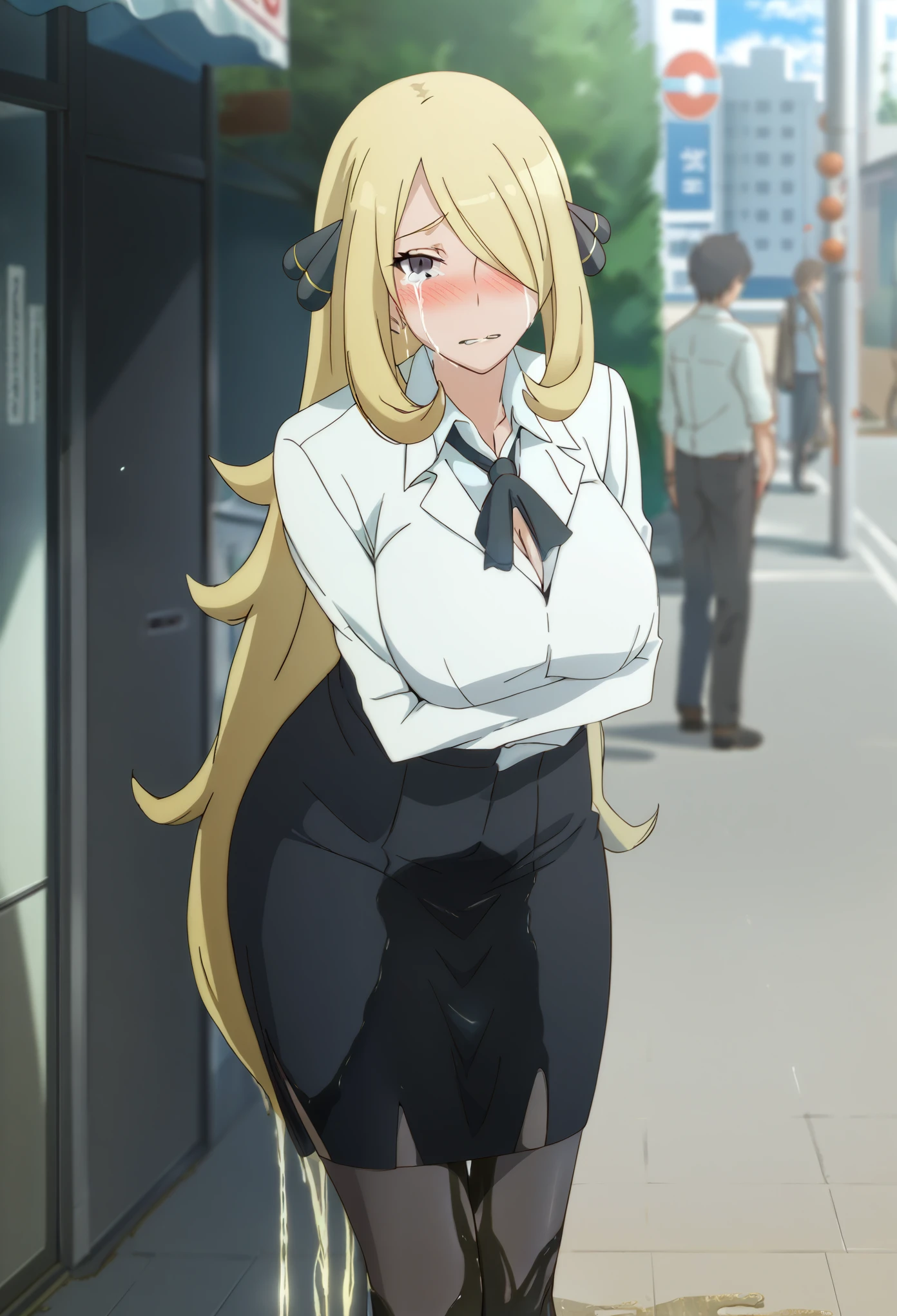 (high quality,Very detailed:1.37, High resolution), 2d, anime, anime style, anime source, Woman, Cynthia (\Pokemon)\, business suit, necktie, long pencil skirt, pantyhose, huge breasts, cleavage, looking at viewer, masterpiece, best quality, (wetting self:1.5), desperation, embarrassed, humiliation, blushing, tears, standing, (arms crossed:1.5), city