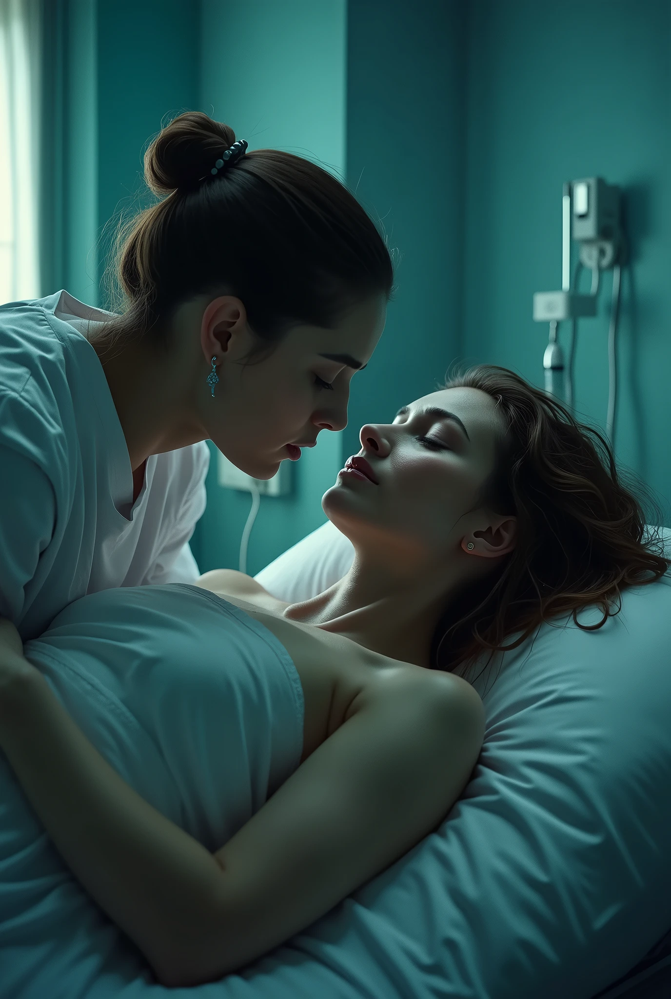 Emma Watson is nude on a metal hospital table covered in frost and ice. Sara Martins is also nude. Sara is lying on and  kissing Emma on the lips, Emma has her legs wrapped around Sara