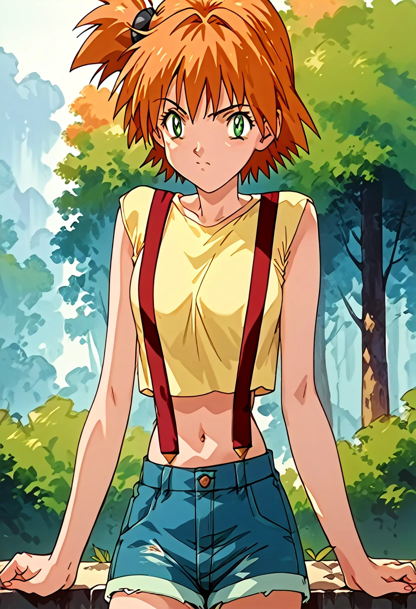 masterpiece,High resolution,Highest quality,8k
(Misty_Pokemon)
(Age 18,Skinny,Small breasts)
(short hair,Orange Hair,one side up hair,Big green eyes)
(Yellow sleeveless T-shirt,Belly button exposed,Denim hot pants,Red suspenders)