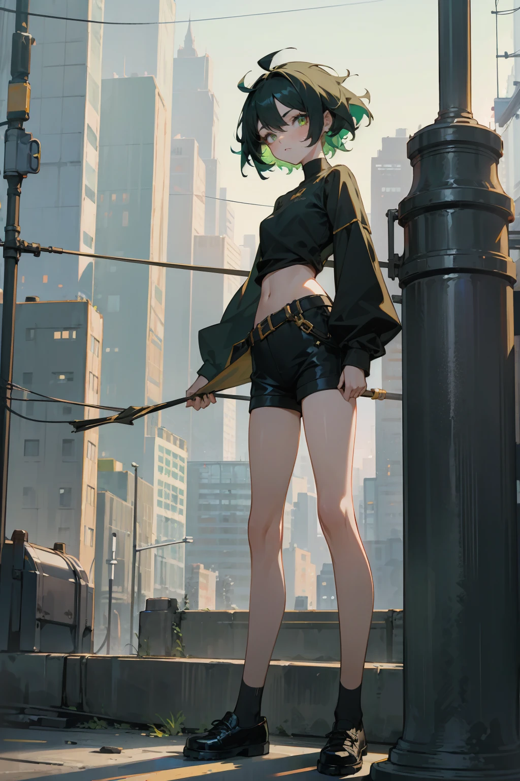 ((Highest quality)), ((masterpiece)), ((detailed)), (4K),1woman, 独奏, crop top, darkgreen hair, long hair, yellow eyes, leather jacket, torn jeans, choker, bracelet, (rain), ((wet)), see through, (expressionless), scowl, (from below), (looking down), looking at viewer, (spread legs), wasteland, town