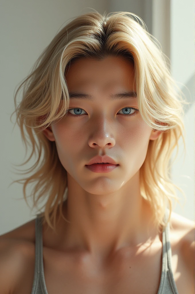 Korean boy sweaty shirtless blond hair blue eyes underwear
