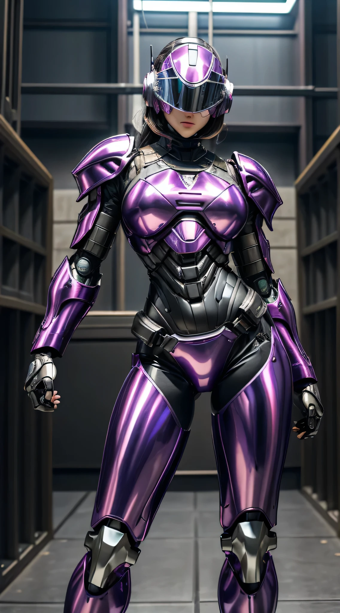 Female Robocop Solo、Bright outdoors、strong light source、8k, high quality, masterpiece, 最high quality, Crisp contrast、Very detailed、full body armor、Very large armor、Helmet covering the head、Clear Photos、The eyes are pale, Translucent Straight Goggles.:1.3、The lower half of the face is raw々Shii:1.5、The lower half of the face is exposed、Seductive lips、Purple metallic armor、black accent color、Armor that completely covers the chest、length, Thin legs、Vibrant Posello Body View,Big and ample breasts:1.8, (Sports Body:1.5)、Five Fingers、Hold a gun、In the city