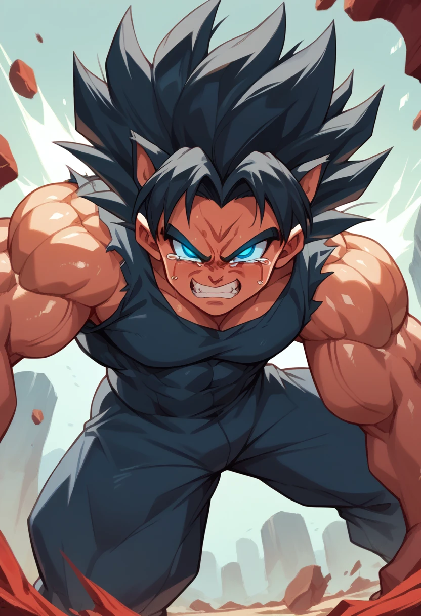 Highest quality,Based on anatomy,Huge muscles,A mix of Vegeta and Kogenta,Devil's Body,Sexually attractive gestures,Shiny skin,Glowing Skin,Being possessed by the devil,Tears,The black devil is entering the body,