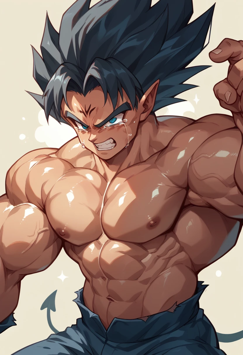 Highest quality,Based on anatomy,Huge muscles,A mix of Vegeta and Kogenta,Devil's Body,Sexually attractive gestures,Shiny skin,Glowing Skin,Being possessed by the devil,Tears,The black devil is entering the body,