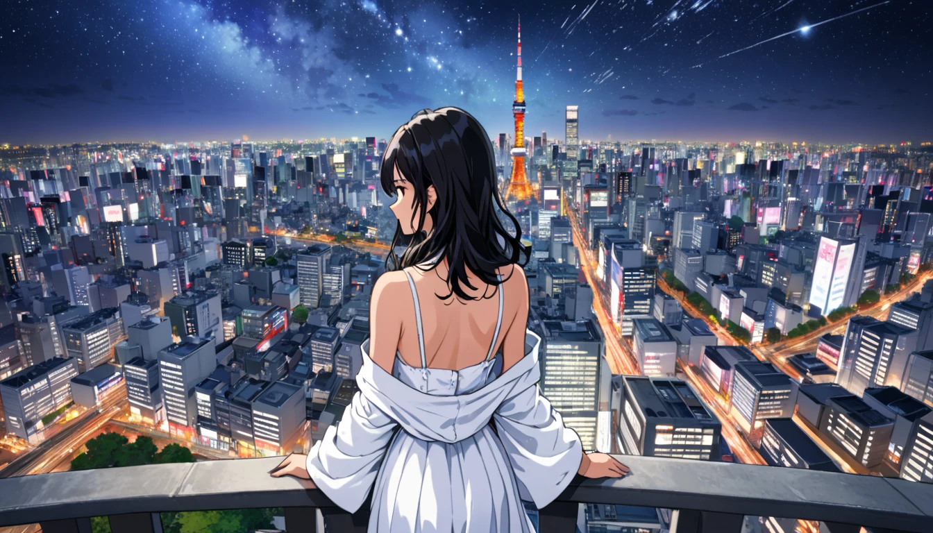 A black-haired woman looking out over the city of Tokyo,Night starry sky,Streetscape、listen to music、Japanese　Black Hair　Cleavage Skyscraper City　White clothes　白いブラウスを着てる