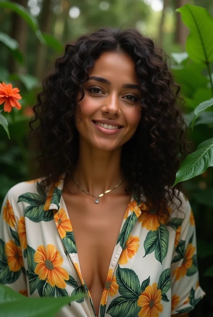 A Brazilian woman in a lush tropical garden, wearing an open shirt with a floral print, with a close-up capturing the harmonious beauty between her breasts and the natural flowers, showing off your natural charm and outgoing personality.