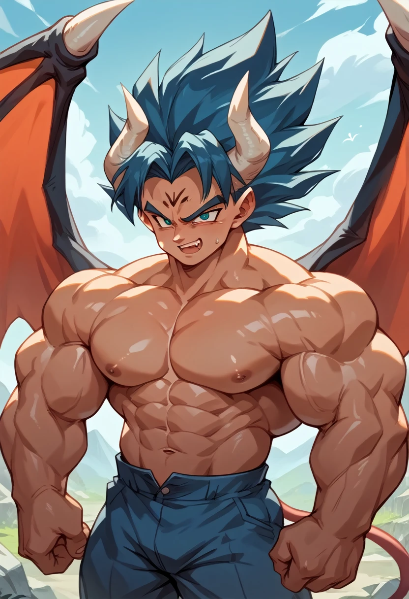 Highest quality,Based on anatomy,Huge muscles,A mix of Vegeta and Kogenta,Devil's Body,Sexually attractive gestures,Shiny skin,Glowing Skin,The moment the demon takes over your body,Enormous wings and horns growing