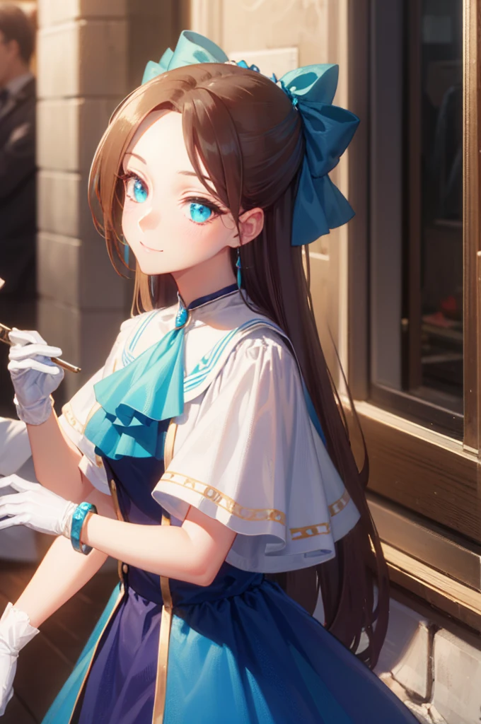 catarinaclaes, catarina claes, long hair, bangs, brown hair, blue eyes, asymmetrical bangs, smile,
BREAK hair ornament, gloves, dress, bow, jewelry, jacket, short sleeves, hair bow, earrings, white gloves, bracelet, ascot, blue dress, blue bow, brooch, high collar, long dress, blue ascot,
BREAK indoors,
BREAK looking at viewer, (cowboy shot:1.5),
BREAK (masterpiece:1.2), best quality, high resolution, unity 8k wallpaper, (illustration:0.8), (beautiful detailed eyes:1.6), extremely detailed face, perfect lighting, extremely detailed CG, (perfect hands, perfect anatomy),