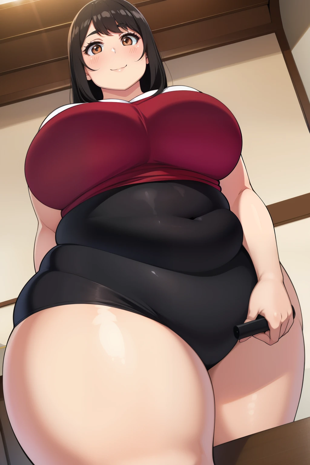 (masterpiece, detailed, realistic, best quality, highres,:1.2), young woman, USSBBW, (morbidly obese:1.3), (fatblob:1.3), (detailed face, beautiful face), high aesthetic, fat rolls, nude, holding food, wide eyes, wearing a diaper overflowing with poop 