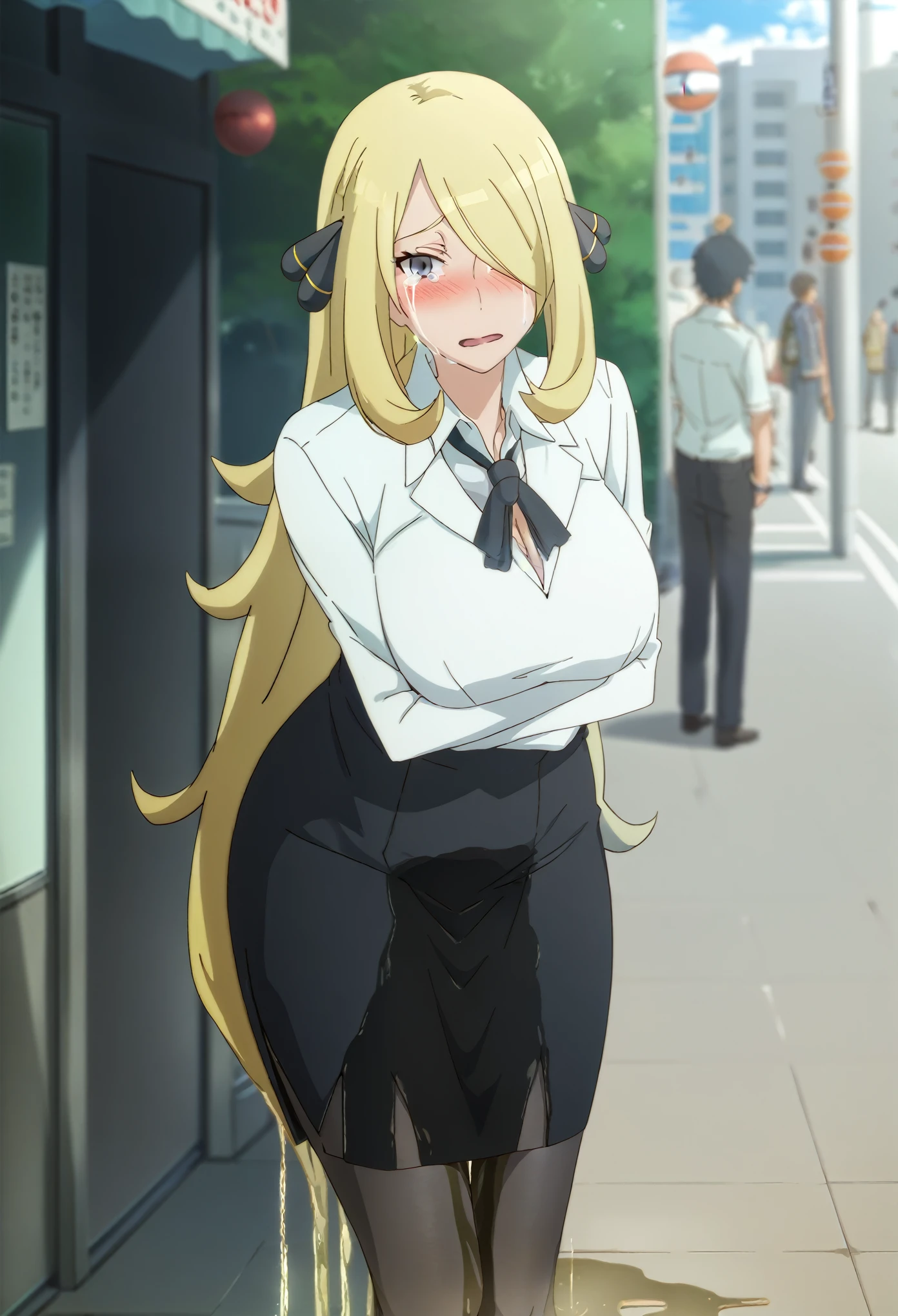 (high quality,Very detailed:1.37, High resolution), 2d, anime, anime style, anime source, Woman, Cynthia (\Pokemon)\, business suit, necktie, long pencil skirt, pantyhose, huge breasts, cleavage, looking at viewer, masterpiece, best quality, (wetting self:1.5), desperation, embarrassed, humiliation, blushing, tears, standing, (arms crossed:1.5), city