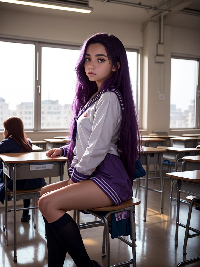 5ft7, long purple hair, perfect figure, school clothing, blue eyes, and hot, top half must appear whilst sitting