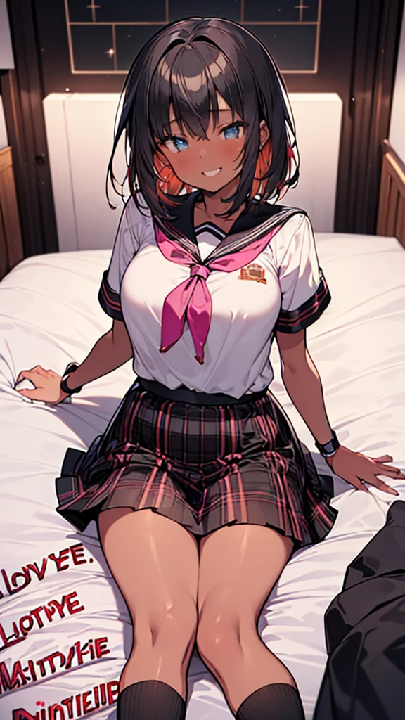 ((masterpiece)),(Perfect Anatomy),((Highest quality)),((Very detailed)),(figure),(High resolution),((latina)),((Strong black skin)),((Improve)),((stylish)),((nice)),((Semi-realistic)),((Dark skinned girl)),((feminine)),(((Comics still))),(((Misaki Kurehito))),((Dutch Angle,Are standing,Various shots)),(Perfect hands),(Delicate and beautiful),(Beautiful attention to detail),women only,8k wallpaper,(High Quality Artwork),Detailed face,Beautiful Face,((Misaki Kurehito like face)),masterpiece,Highest quality,Incredibly absurd,hyper Complex,Very detailed女の子,Vivid eyes,Ray Tracing,((Vibrant colors)),Leg Details,((Detailed sailor style school uniform)),((Detailed black socks)),((Mini Pleated Tartan Check Skirt)),Grin,Extreme,sunlight,((Multicolored stripes Mr.Very short hair)),((Mr.々Very short pixie hair)),Highest quality,80mm,Super detailed,8k,4K,Complex,Very detailed,Zhou Haoguang 3,Cinematic Composition 3,High resolution,Accent lighting,original,High resolution 、(((Love hotel bedroom:1.8)), 