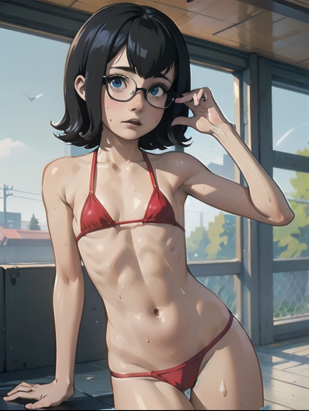 Mavis dracula, short black hair, blue eyes, sweaty sexy **** athlete, glasses, nerdy, athletic, toned, red micro bikini,  flat chest, slim body,  thin legs, 