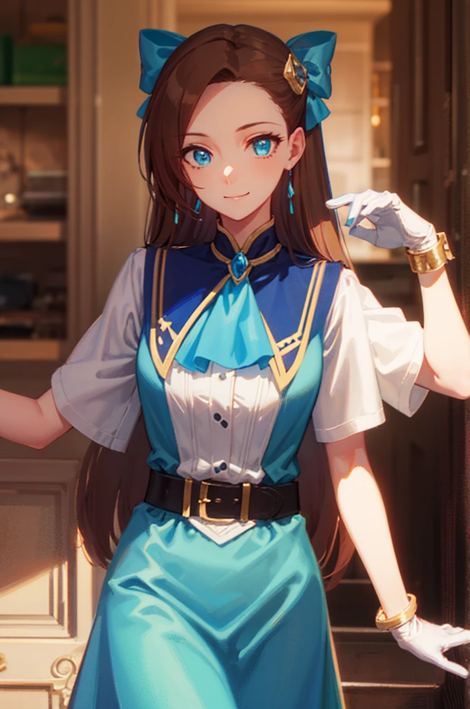 catarinaclaes, catarina claes, long hair, bangs, brown hair, blue eyes, asymmetrical bangs, smile,
BREAK hair ornament, gloves, dress, bow, jewelry, jacket, short sleeves, hair bow, earrings, white gloves, bracelet, ascot, blue dress, blue bow, brooch, high collar, long dress, blue ascot,
BREAK indoors,
BREAK looking at viewer, (cowboy shot:1.5),
BREAK (masterpiece:1.2), best quality, high resolution, unity 8k wallpaper, (illustration:0.8), (beautiful detailed eyes:1.6), extremely detailed face, perfect lighting, extremely detailed CG, (perfect hands, perfect anatomy),