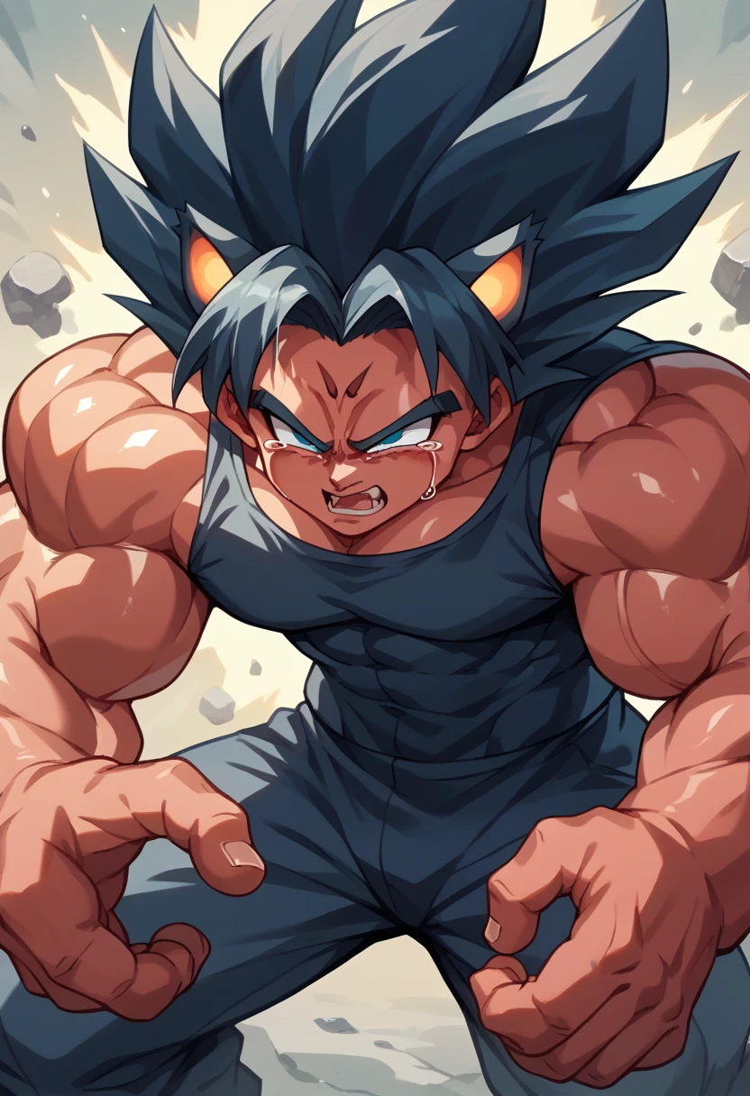 Highest quality,Based on anatomy,Huge muscles,A mix of Vegeta and Kogenta,Devil's Body,Sexually attractive gestures,Shiny skin,Glowing Skin,Being possessed by the devil,Tears,A shadow of a black devil entering the body,