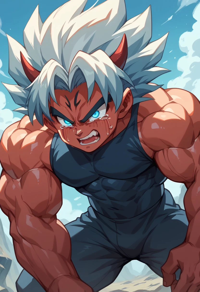 Highest quality,Based on anatomy,Huge muscles,A mix of Vegeta and Kogenta,Devil's Body,Sexually attractive gestures,Shiny skin,Glowing Skin,Being possessed by the devil,Tears,A shadow of a black devil entering the body,