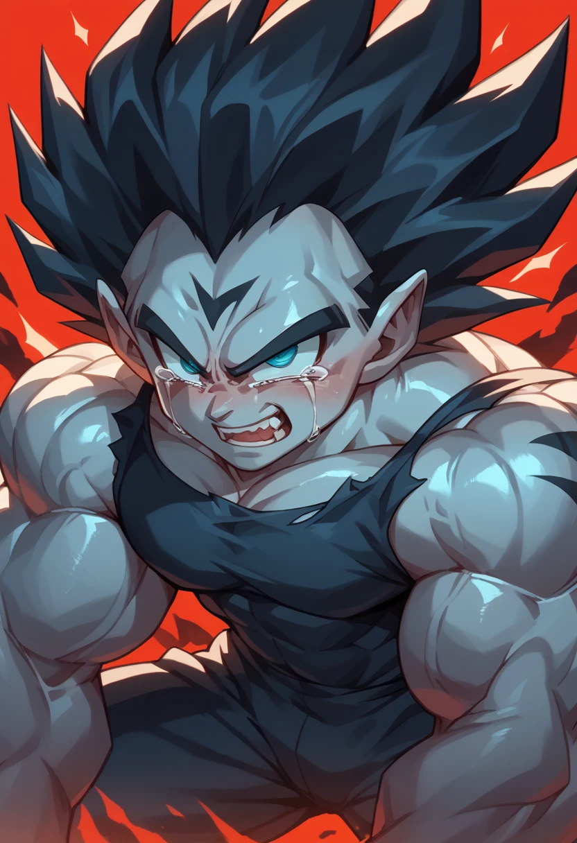 Highest quality,Based on anatomy,Huge muscles,A mix of Vegeta and Kogenta,Devil's Body,Sexually attractive gestures,Shiny skin,Glowing Skin,Being possessed by the devil,Tears,A shadow of a black devil entering the body,