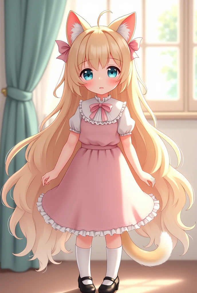 a cute detailed kindergarten girl with long shiny hair, kindergarten body, perfect facial features, frill dress,yellow hair,hair accessories, shying , standing, (best quality,4k,8k,highres,masterpiece:1.2),ultra-detailed,warm colors,soft lighting,cute,adorable,full body