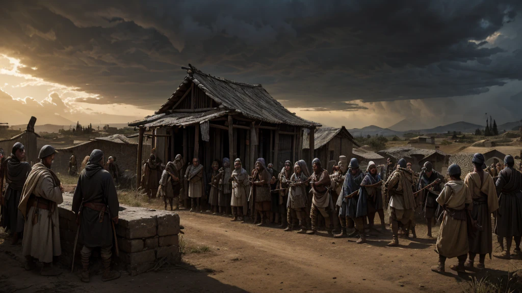 A scene depicting an oppressed village suffering under a powerful enemy. Characters: villagers in distress, oppressive soldiers. Setting: ancient Israel. Clothing: worn, ragged clothes. Background: dark, threatening skies. Shot: panoramic view, dramatic and tense. Style: hyper-realistic, photo realism.