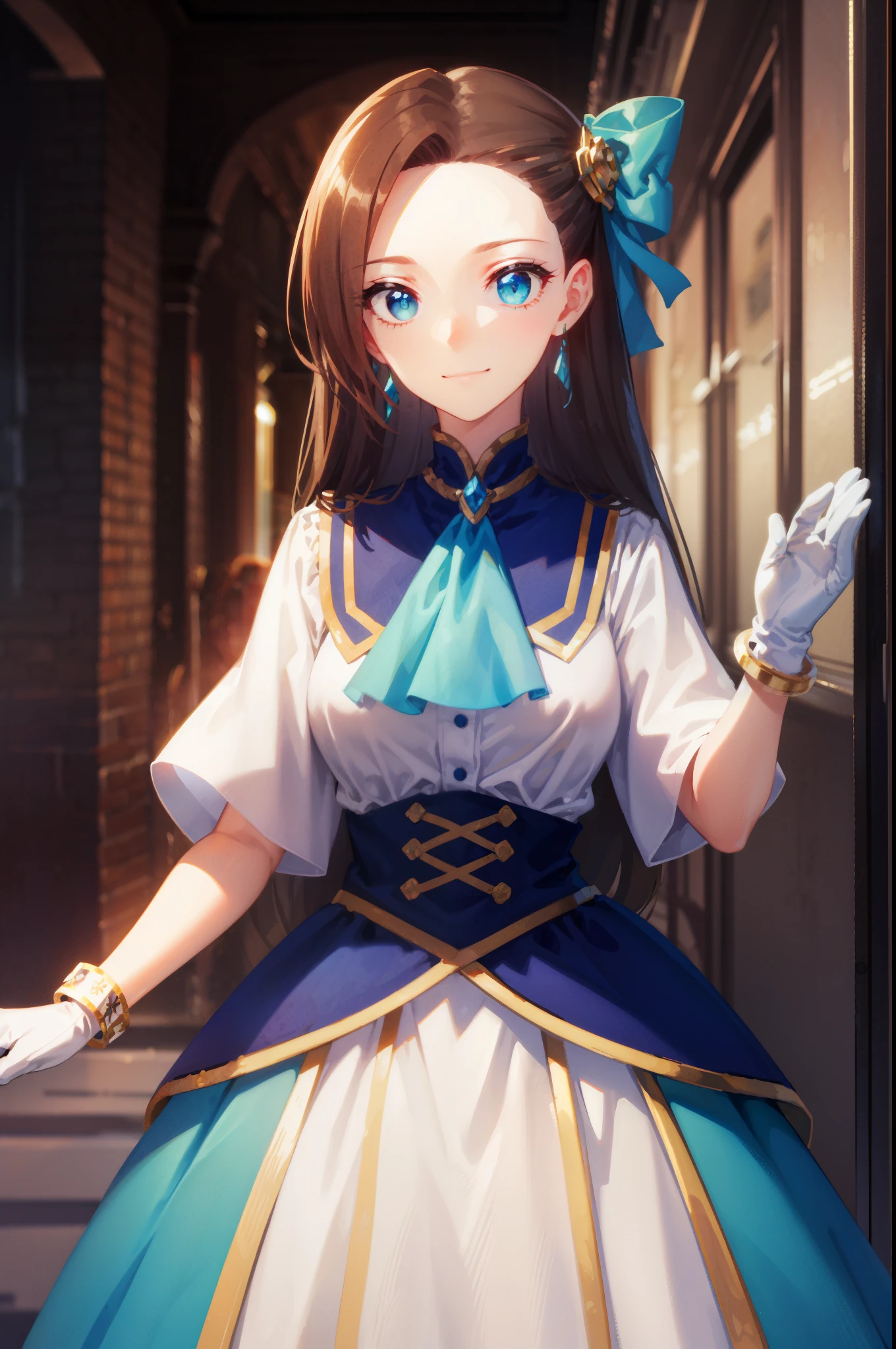 catarinaclaes, catarina claes, long hair, bangs, brown hair, blue eyes, asymmetrical bangs, smile,
BREAK hair ornament, gloves, dress, bow, jewelry, jacket, short sleeves, hair bow, earrings, white gloves, bracelet, ascot, blue dress, blue bow, brooch, high collar, long dress, blue ascot,
BREAK indoors,
BREAK looking at viewer, (cowboy shot:1.5),
BREAK (masterpiece:1.2), best quality, high resolution, unity 8k wallpaper, (illustration:0.8), (beautiful detailed eyes:1.6), extremely detailed face, perfect lighting, extremely detailed CG, (perfect hands, perfect anatomy),