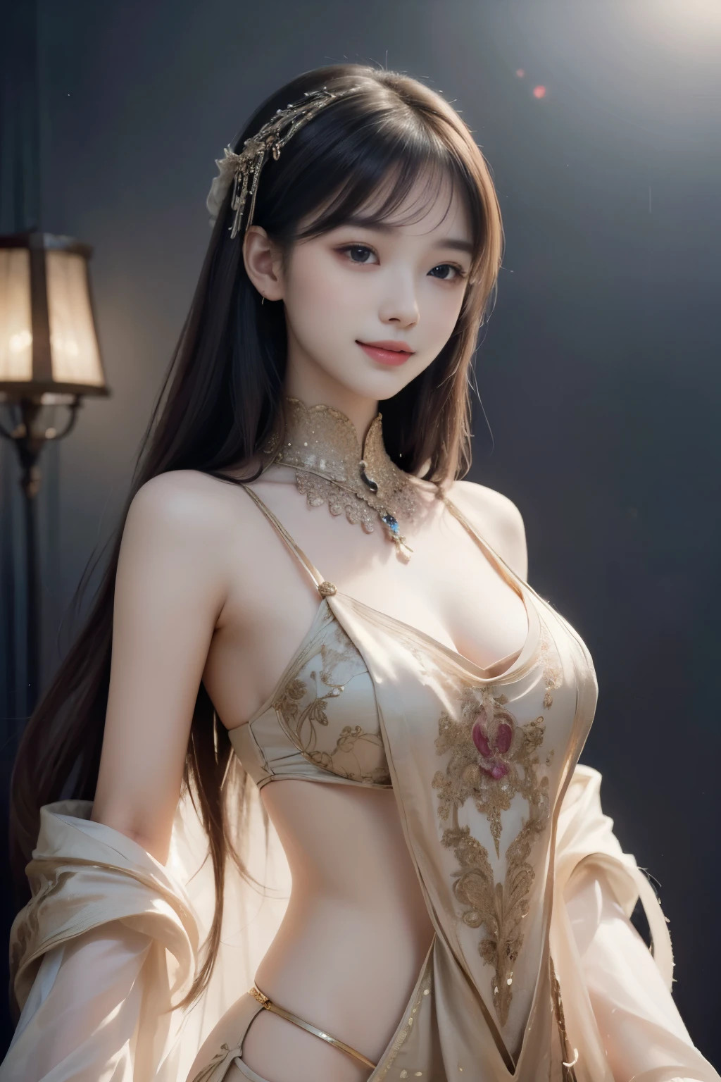 (Masterpiece:1.2), (illustration:1.2), (ultra-detailed), (delicate detailed), (cinematic light), 1girl, slender body, big breasts, princess, exotic clothes, smile, shy, makeup, high contrast, best illumination, colorful