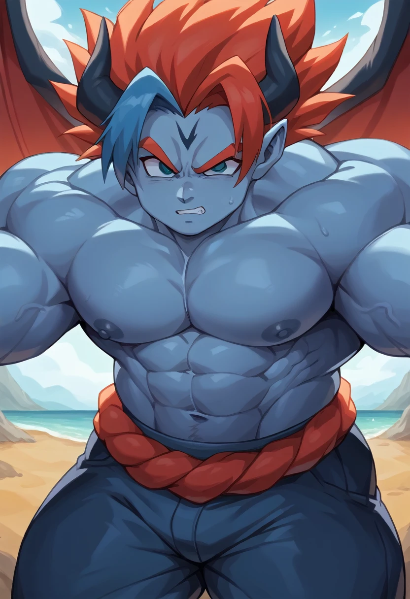 Highest quality,Based on anatomy,Huge muscles,A mix of Vegeta and Kogenta,Devil's Body,Sexually attractive gestures,Shiny skin,Glowing Skin,((The moment the demon takes over your body,Enormous wings and horns growing))