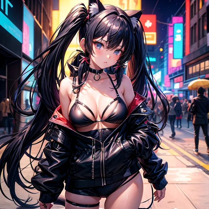 sexy girl in a city at night, detailed face looking at camera, see all the girl cyberpunk anime, full body view, 8k, super detail, Precise, Best quality