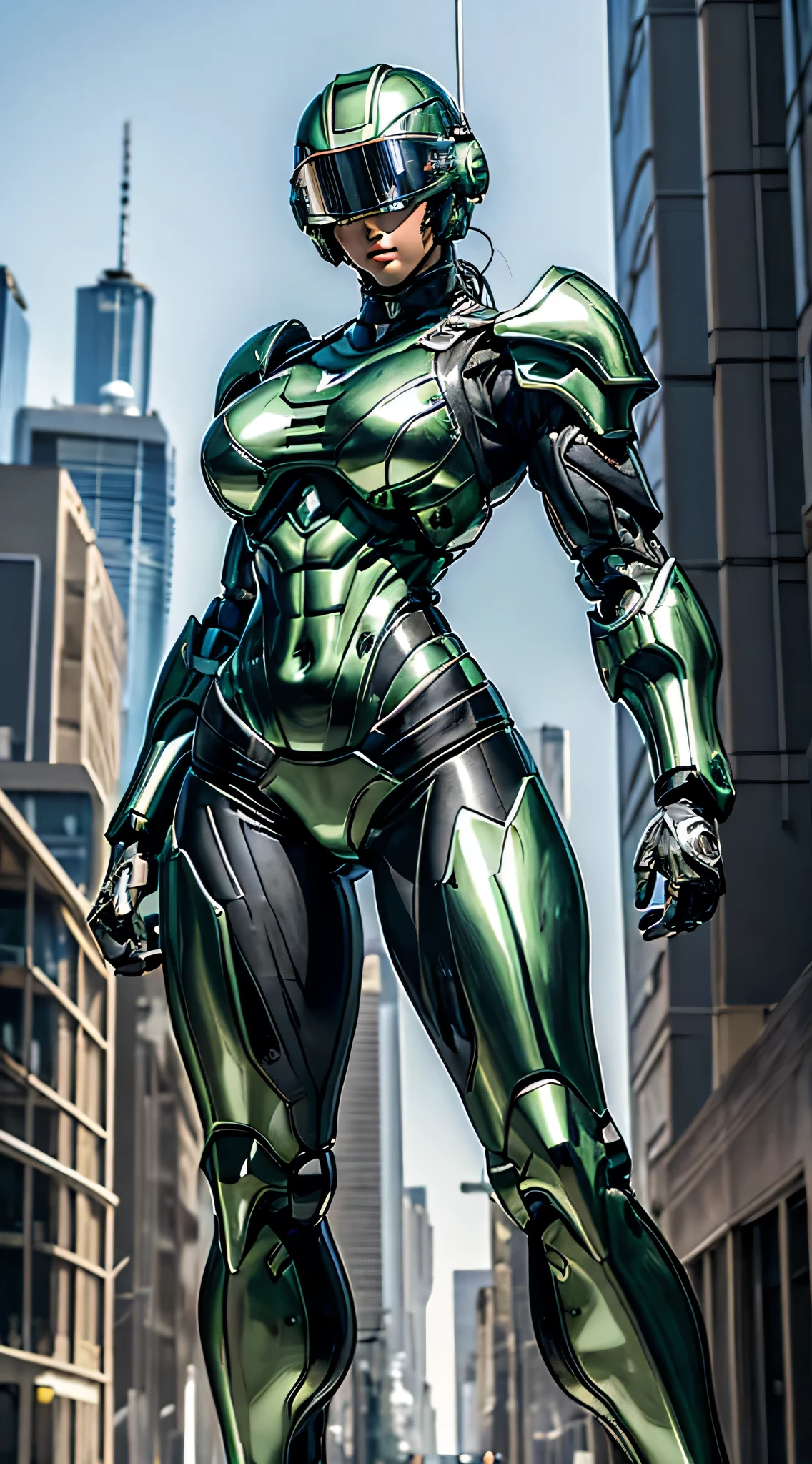 Female Robocop Solo、Bright outdoors、strong light source、8k, high quality, masterpiece, 最high quality, Crisp contrast、Very detailed、Full body armor、Very large armor、Helmet covering the head、Clear photos、The eyes are hidden by thin, translucent straight goggles.:1.3、The lower half of the face is raw々Shii:1.5、The lower half of the face is exposed、Seductive lips、Light green metallic armor、Black accent color、Armor that completely covers the chest、Long, slender legs、Vibrant Posselo Body View,Big and ample breasts:1.5, (Sports Body:1.5)、Five Fingers、Hold a handgun、In the city
