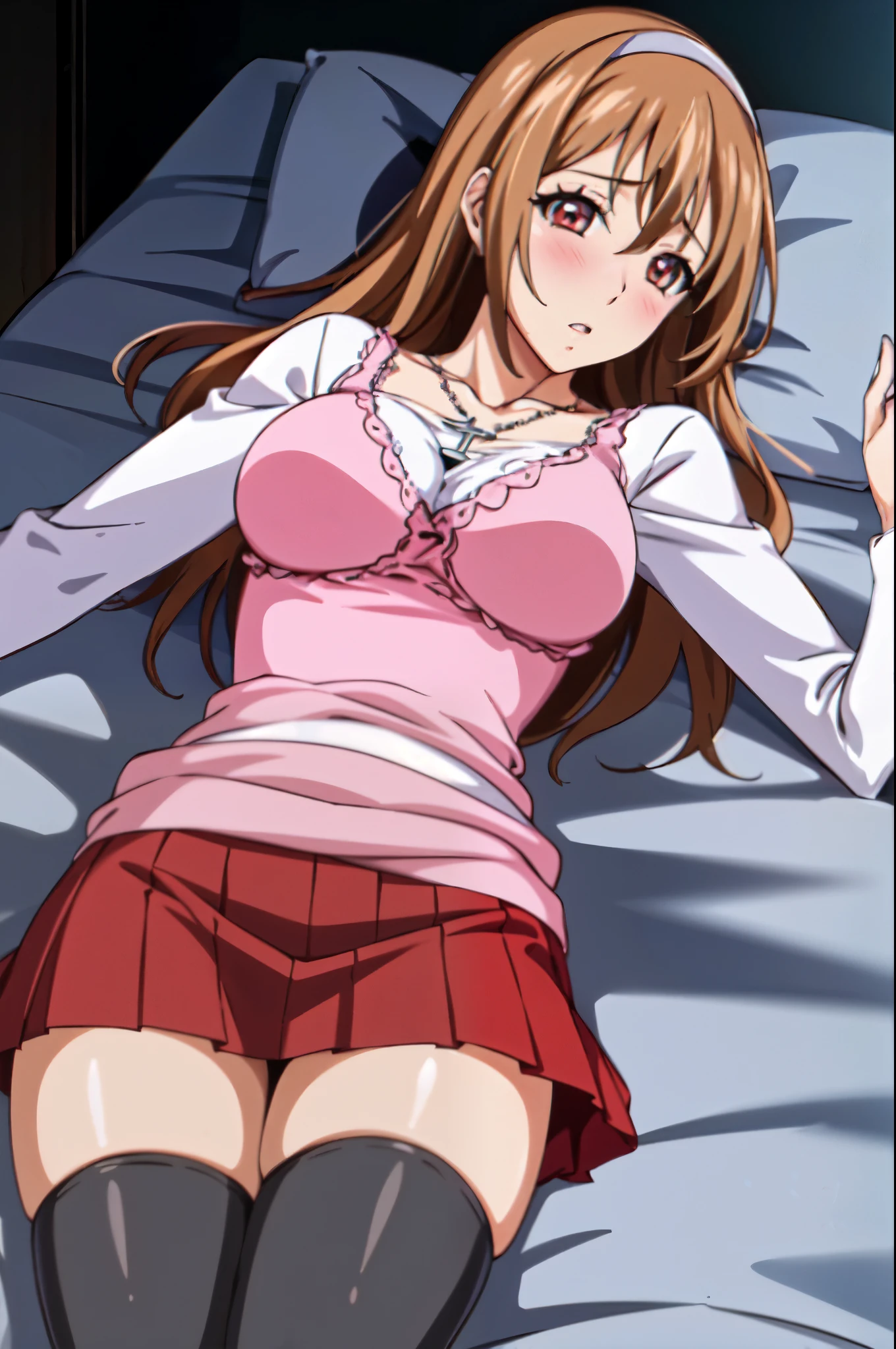 ((Browsing Caution:1.4, masterpiece, highest quality, High resolution, 超High resolution, Perfect Pixel, Depth of written boundary, 4K, RTTX 10.0, High resolution))), (One girl:1.3), single, alone, she, Beautiful Anime Girls, Beautiful art style, Anime characters, ((Long Hair, bangs, Dark brown hair, Curly Hair)), ((Beautiful eyelashes)), ((Detailed face:1.2)), ((Smooth texture:0.75, Realistic texture:0.5, Anime CG Style)), ((Beautiful and large breasts, Cleavage)), indoor, Bedroom, Perfect body, Slender body ((Sleeping in bed, (lying on one's back:1.5), sleepy, close your eyes, Lying in bed, Sleeping pose:1.2)), (Natural light, Reflection of light, Morning Scenery),(Open your mouth wide:1.3)), (Put one hand in your panties:1.8), fingering, (pussy juice:1), (Perfect hands, Perfect Anatomy, Exact number of hands), sexual pleasure expression, Hold your pee、Patience is the limit、On the brink of climax, Short Bob, (One hand kneading the chest:1.3), ((blazer:1.3), White shirt, Check skirt, (Red ribbon at neck:1.4)), (sheのシャツは胸元が開いている, Stylish pink bra:1.1), (The skirt is flipped up, Stylish pink side-tie panties:1.1)、Chizuru Ichinose