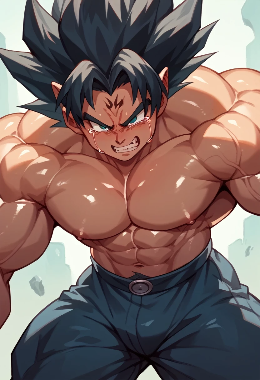 Highest quality,Based on anatomy,Huge muscles,A mix of Vegeta and Kogenta,Devil's Body,Sexually attractive gestures,Shiny skin,Glowing Skin,Being possessed by the devil,Tears,I see the shadow of a black devil entering my body,