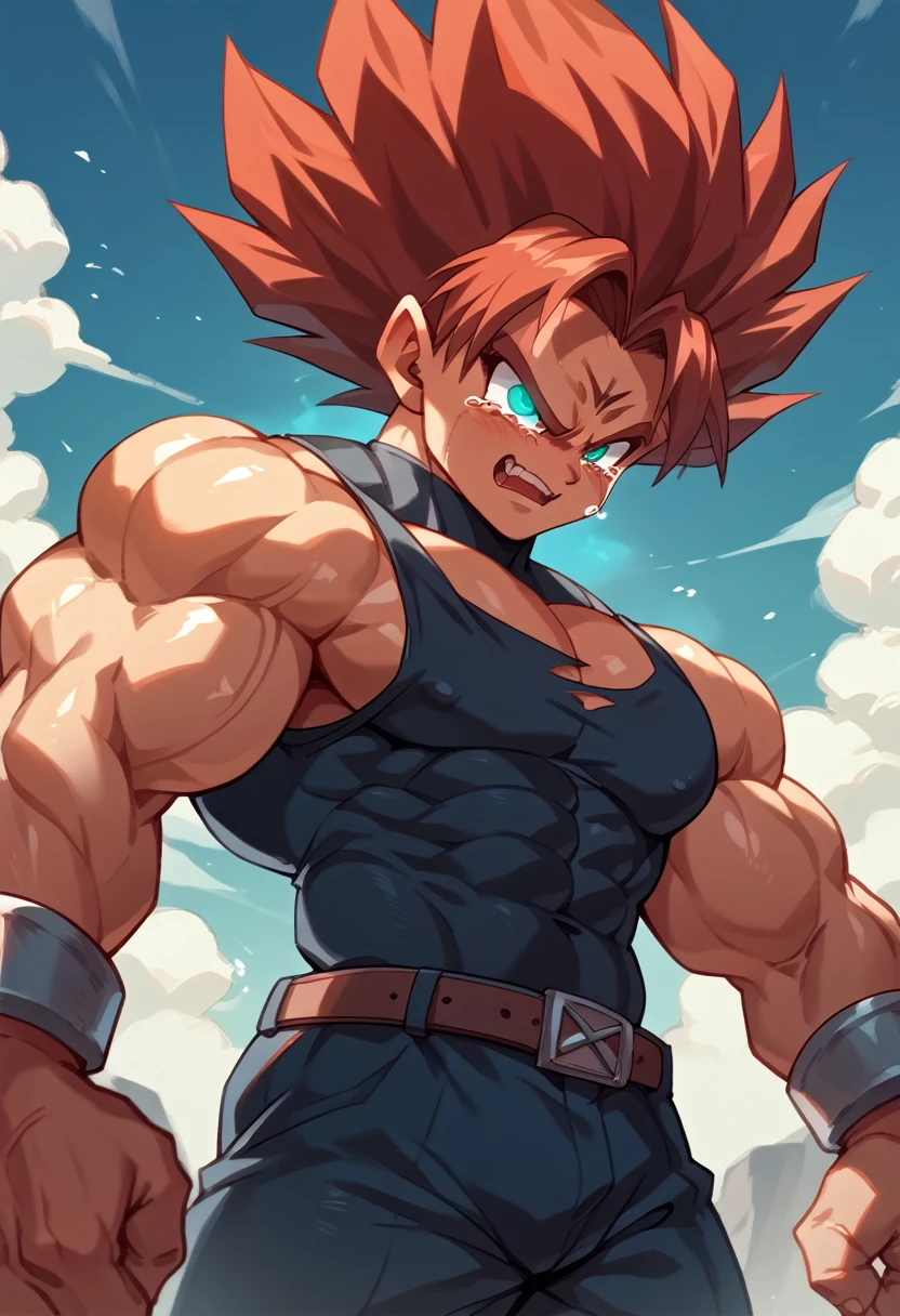 Highest quality,Based on anatomy,Huge muscles,A mix of Vegeta and Kogenta,Devil's Body,Sexually attractive gestures,Shiny skin,Glowing Skin,Being possessed by the devil,Tears,I see the shadow of a black devil entering my body,