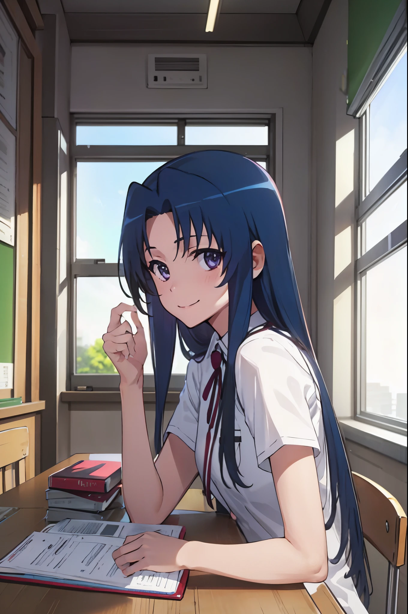 solo, 1girl, looking at viewer,vbrant, upper body, ami kawashima, school uniform, smile, classroom