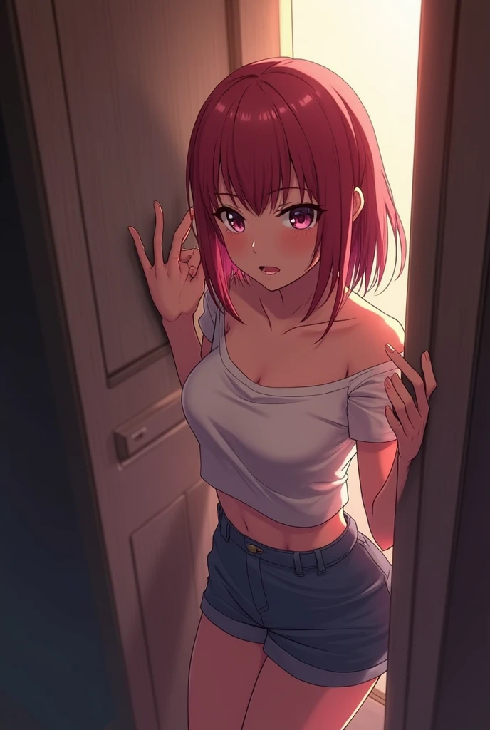 kawaii,cute,
1 girl, solo,
cranberry hair, pixie cut, bangs, hair ornament,
red eyes,
point finger,
close view, from adove,
serious,
Oversized cardigan with patch pockets and a hood,
large breasts,
BREAK
simple background nude