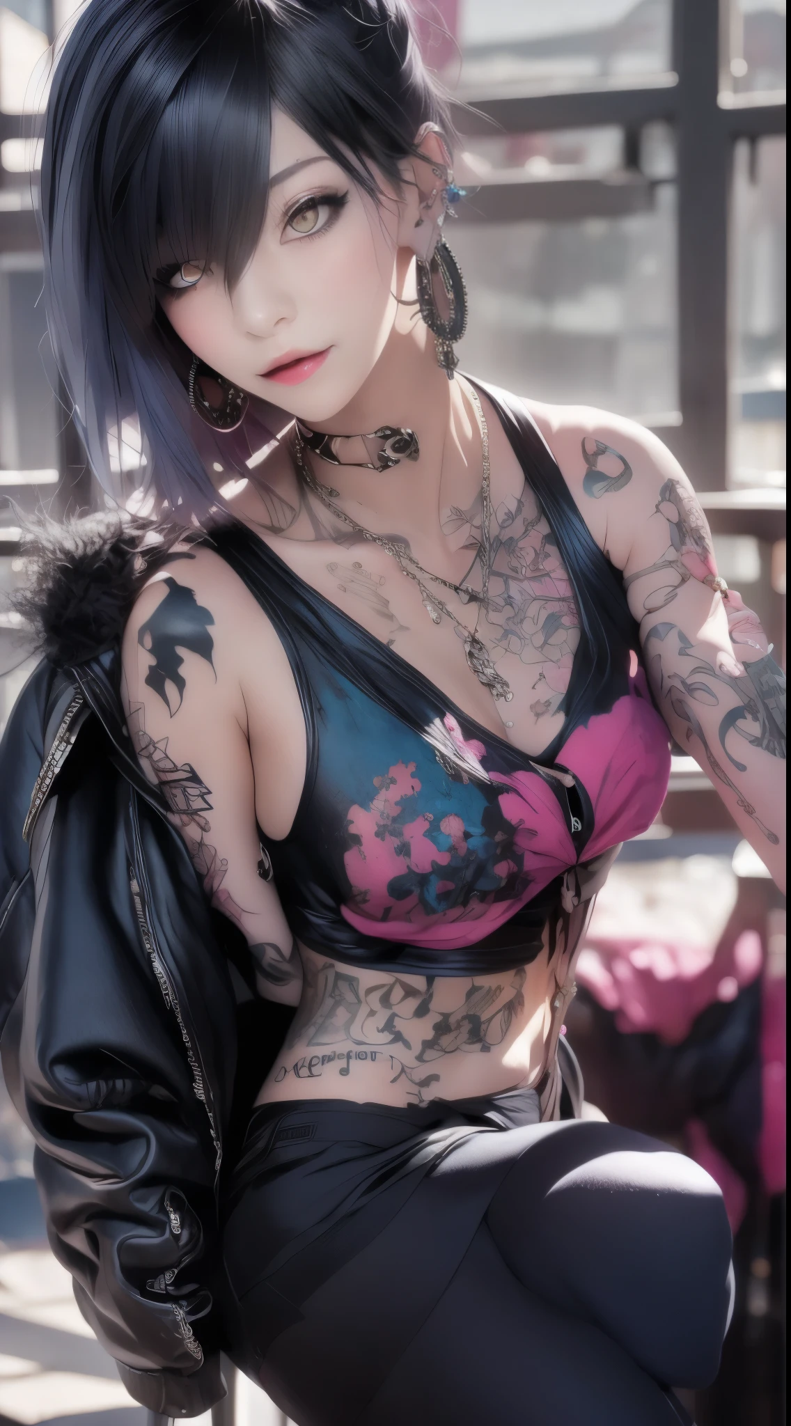 masterpiece, Best Quality, pixiv, cool girl, many piercings, earrings, tattoos, black fur, pink dip dyed hair, grey eyes
