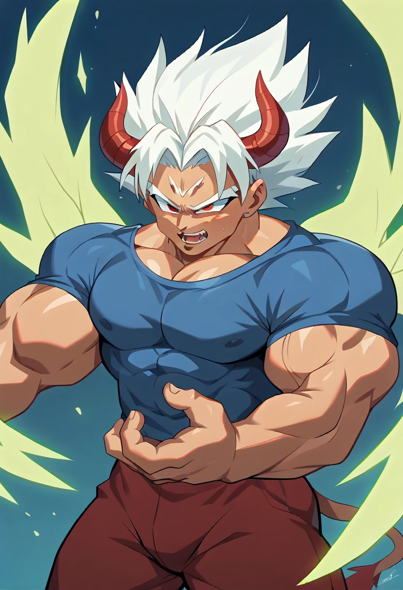 Highest quality,Based on anatomy,Huge muscles,A mix of Vegeta and Kogenta,Devil's Body,Sexually attractive gestures,Shiny skin,Glowing Skin,((The moment the demon takes over your body,Enormous wings and horns growing))A look filled with evil intent