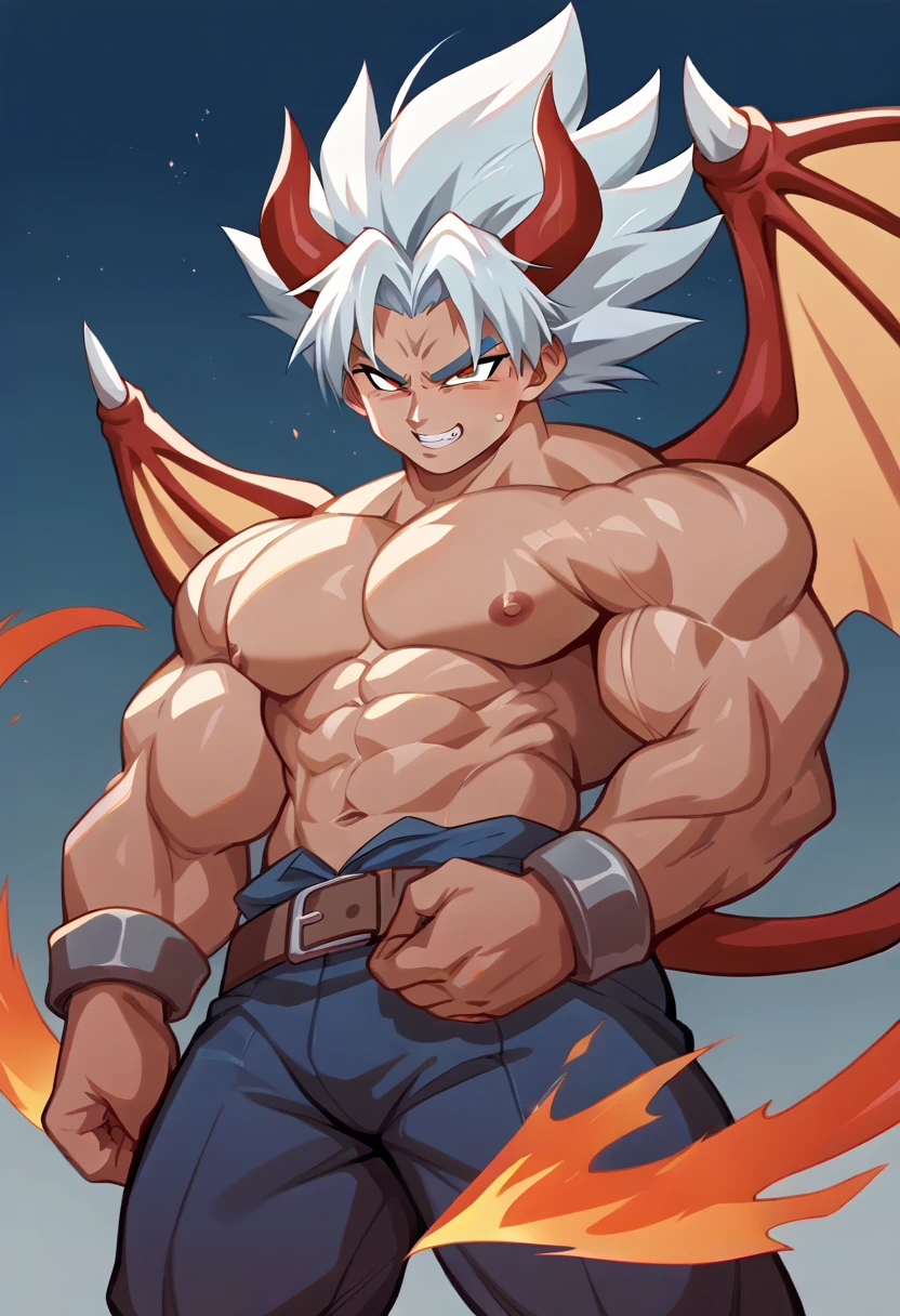 Highest quality,Based on anatomy,Huge muscles,A mix of Vegeta and Kogenta,Devil's Body,Sexually attractive gestures,Shiny skin,Glowing Skin,((The moment the demon takes over your body,Enormous wings and horns growing))A look filled with evil intent